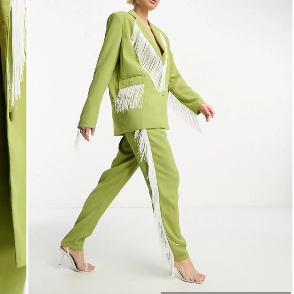 Extro & Vert premium Green straight leg trousers with Fringe Detail - Picture 2 of 4